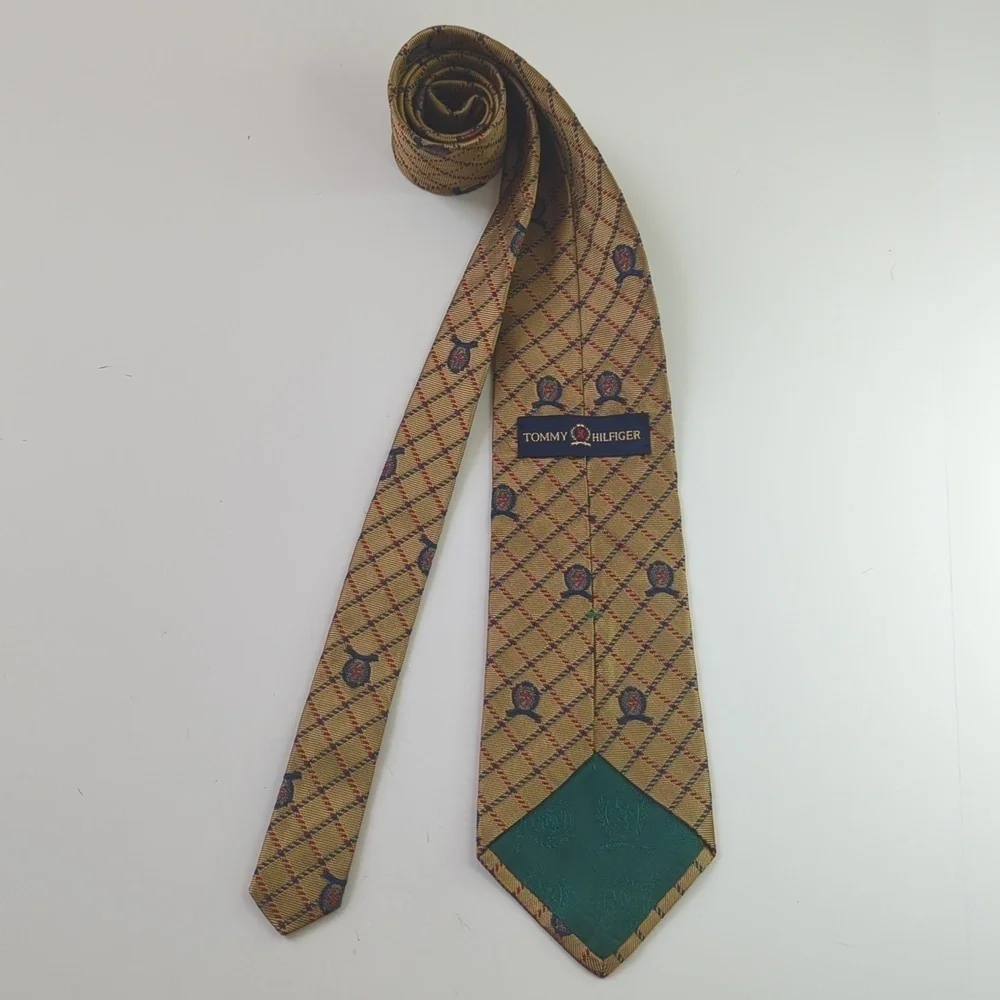 Tommy Hilfiger 90's Vintage Preppy Plaid Scattered Crest Logo Silk Neck Tie Tan